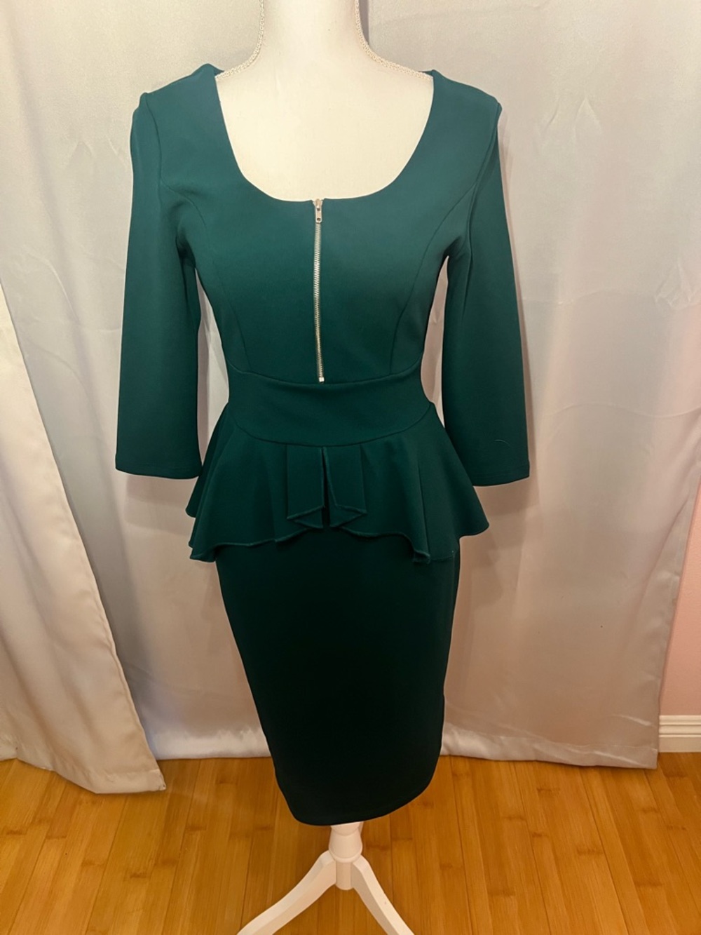 Forest Green Peplum Sheath Dress with Front Zip - SIZE S